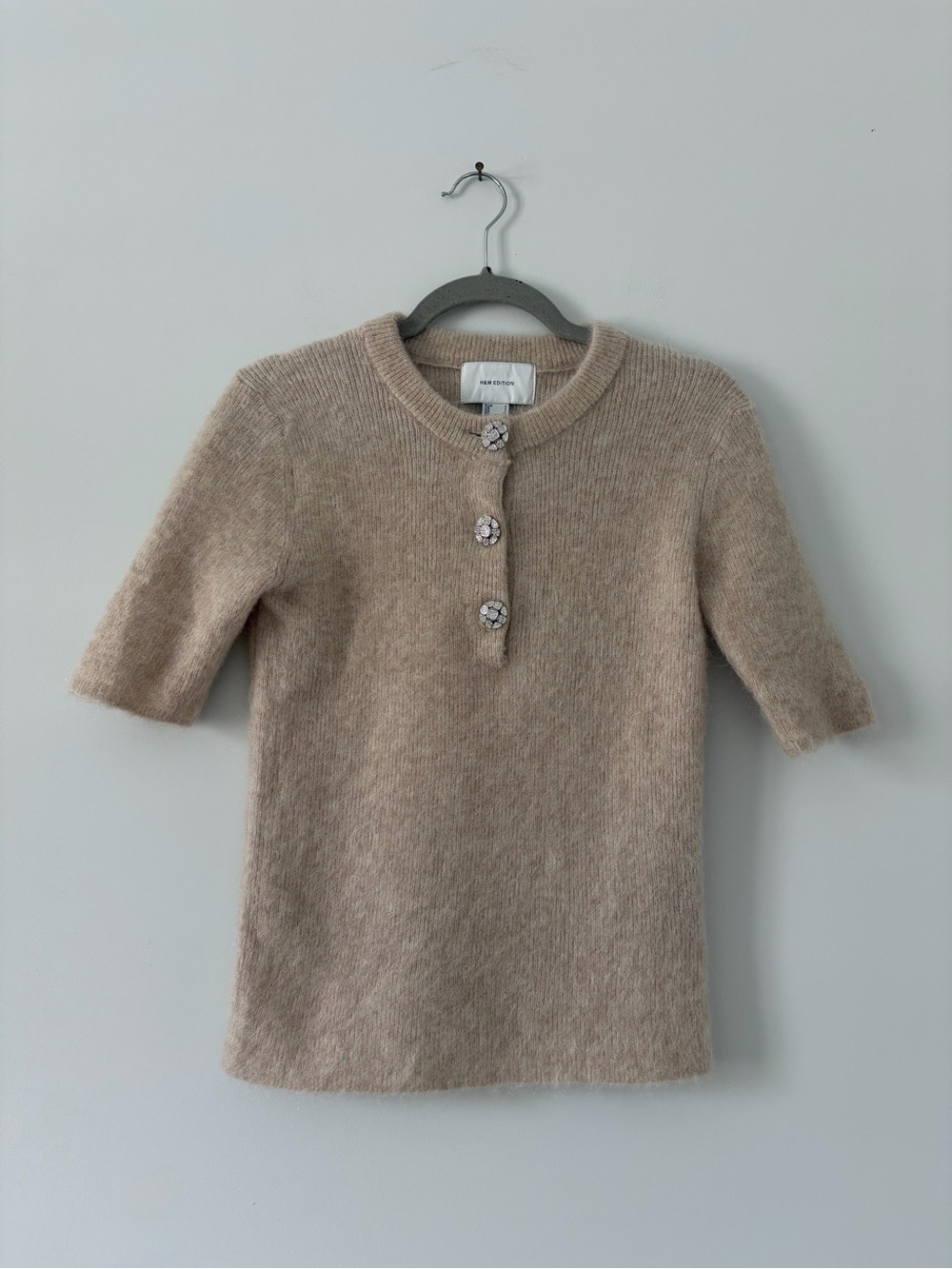 H&M Edition Tan Mohair Wool Short Sleeve Jeweled Button Knit Sweater Top NWOT S